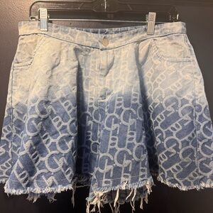 Ciao Denim Blue Ombre Logo Print Skort XL Distressed Raw Hem Mini Skirt Look